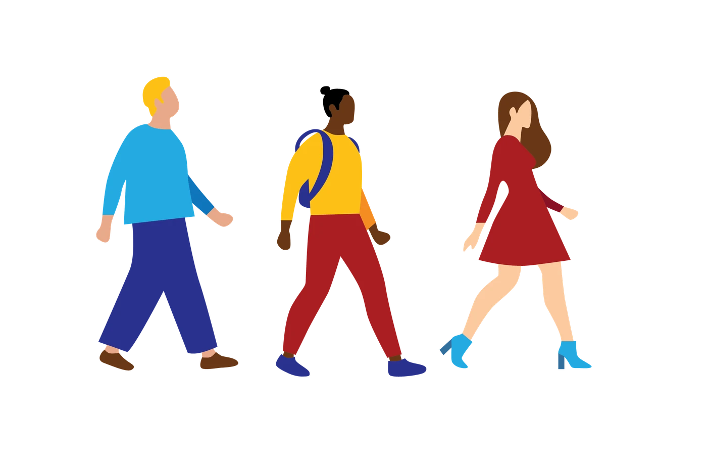 three people from the side walking from right to left